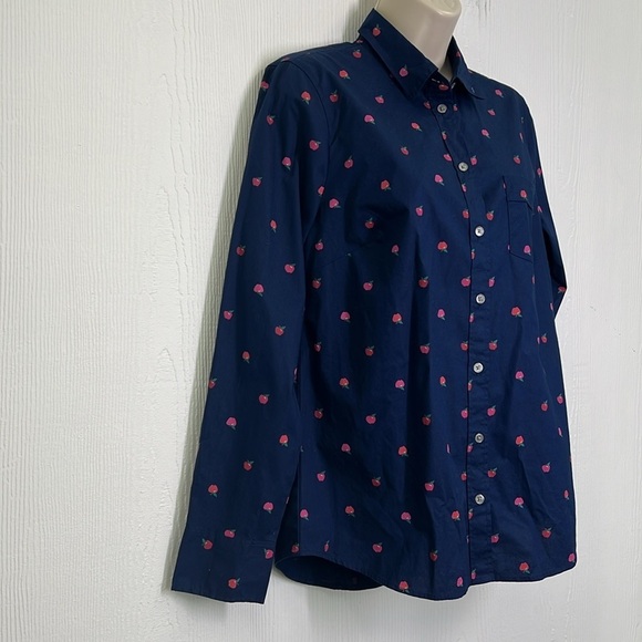 J.Crew - Apple Print Navy Poplin Button Down Long Sleeve Blouse Size Small - Picture 4 of 10
